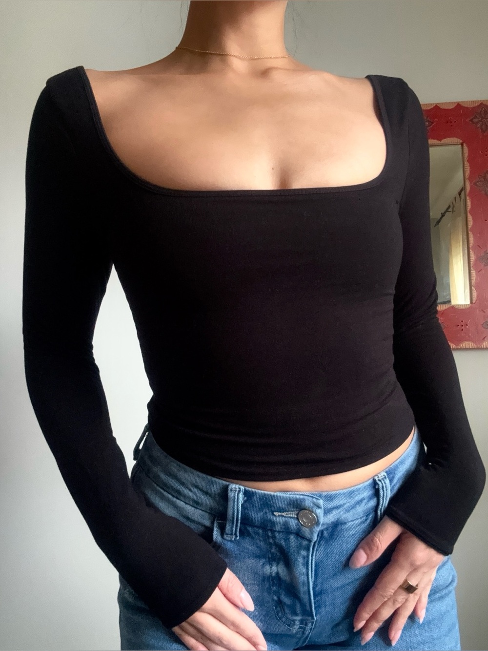 Oh Polly double lined sculpting square neck black longsleeve top